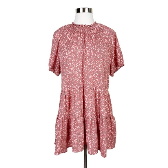 Hayden Los Angeles High Neck Tiered Tunic Top Pink Lightweight Smocked Size S - Picture 2 of 12